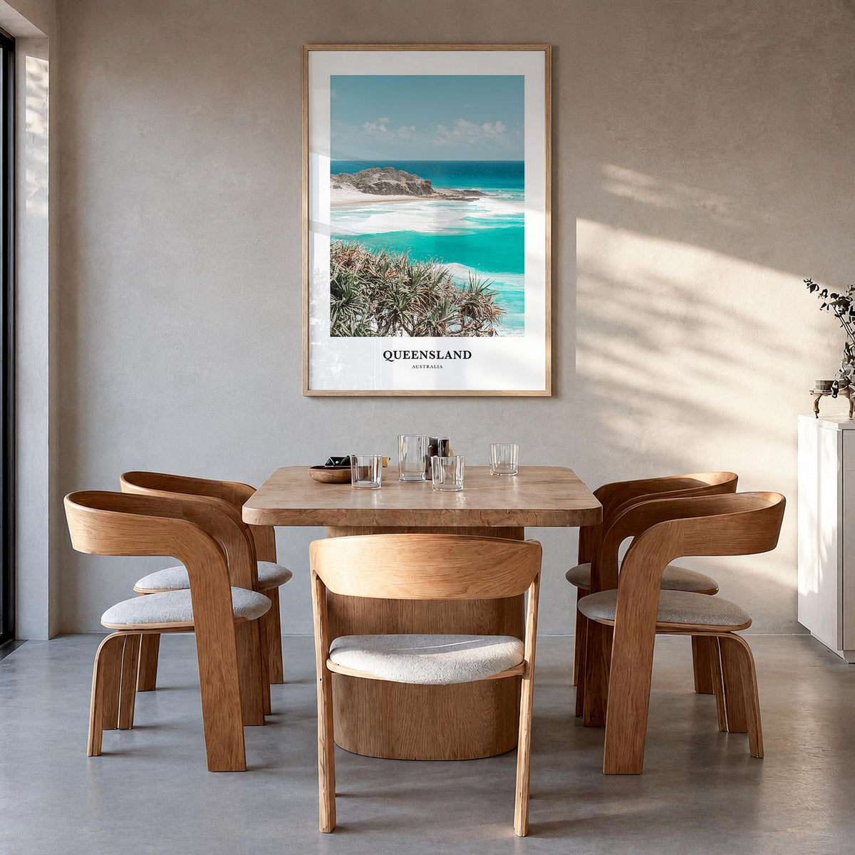 Queensland colorful classic poster of Australia – vertical wall art in natural wood frame, hanging on wall