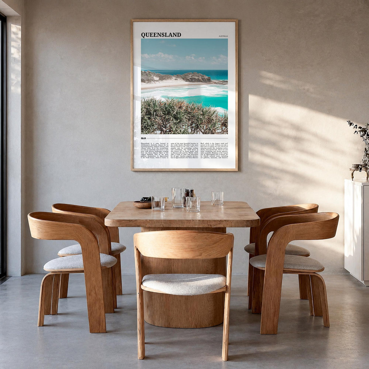 Queensland colorful travel poster of Australia – vertical wall art in natural wood frame, hanging on wall