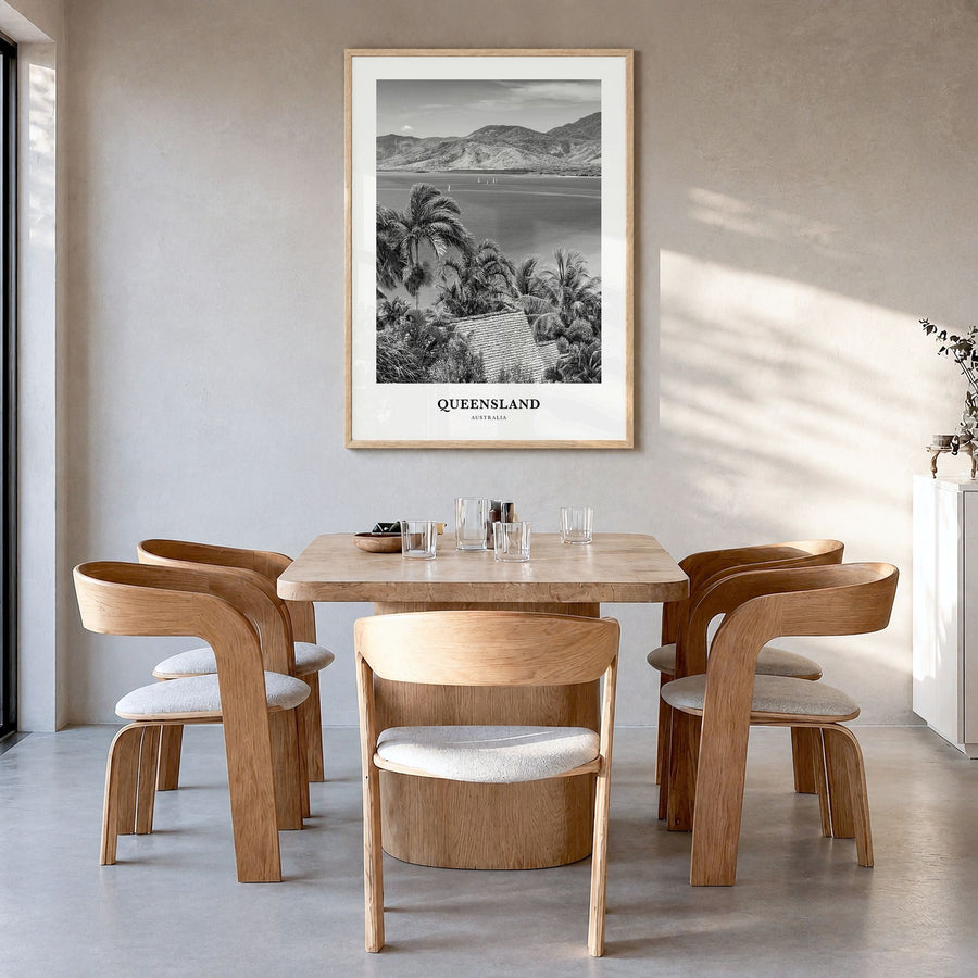 Queensland Classic Poster in a natural wood frame, hanging in a dining room