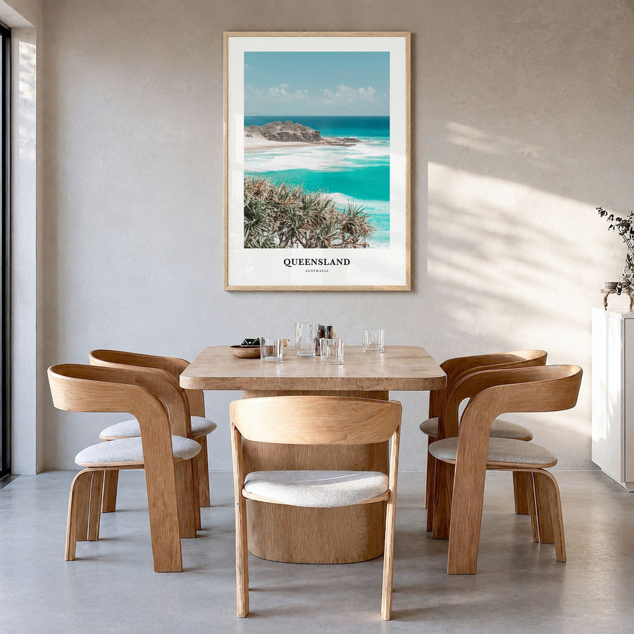Queensland Classic Poster in a natural wood frame, hanging in a dining room