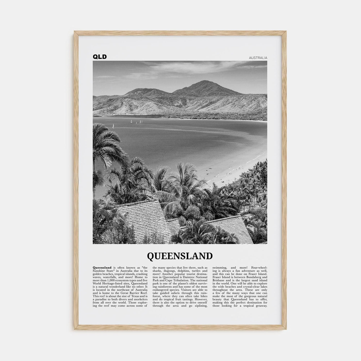 Queensland Poster Natural Wood / 8x12 in Nbourhood Travel B&W Poster