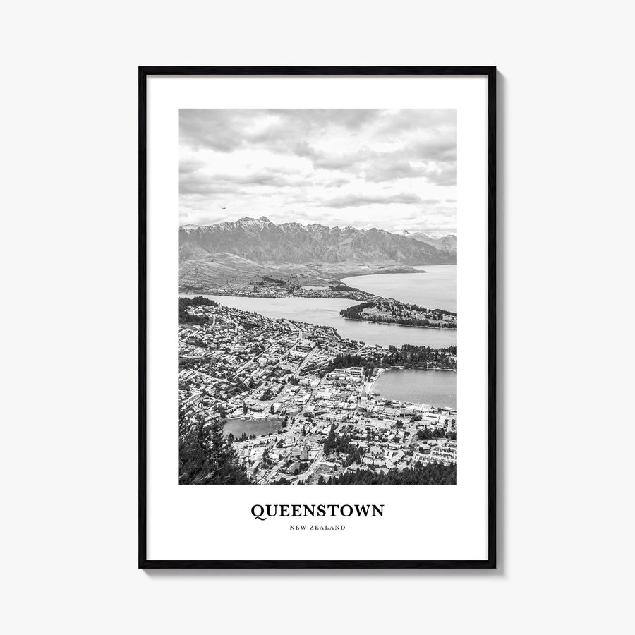 Queenstown black & white classic poster of New Zealand – vertical wall art, unframed print shown in interior mockup