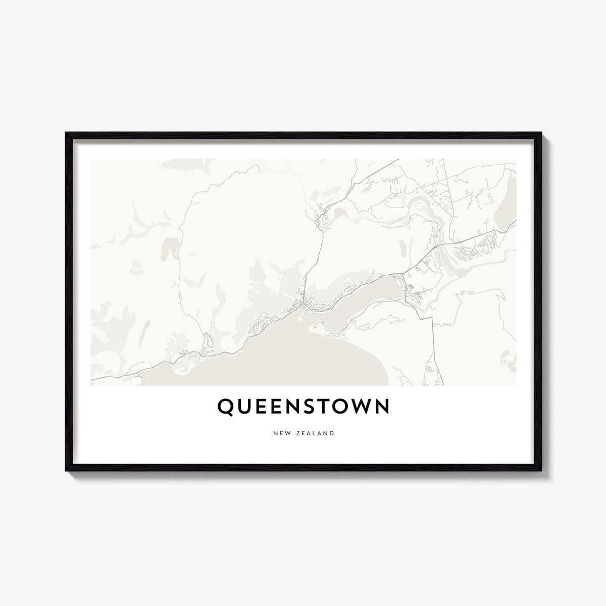 Queenstown black & white map poster of New Zealand – horizontal wall art, unframed print shown in interior mockup