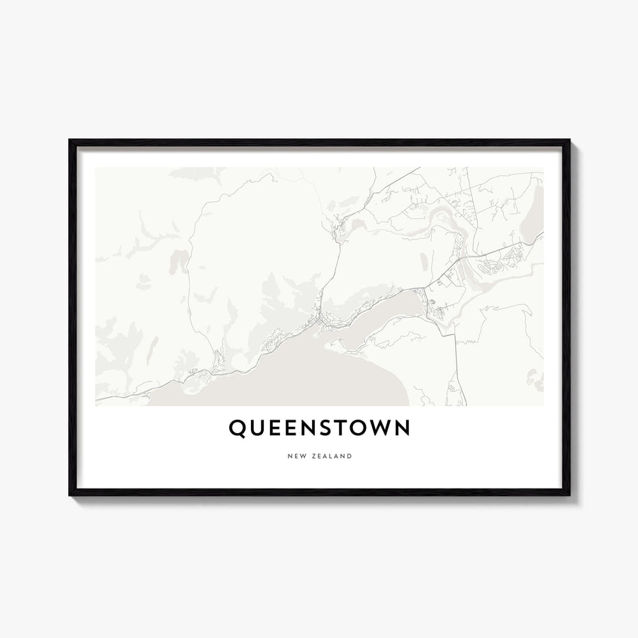 Queenstown black & white map poster of New Zealand – horizontal wall art, unframed print shown in interior mockup