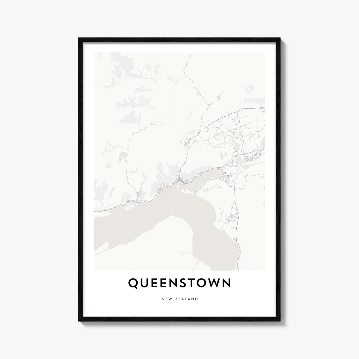 Queenstown black & white map poster of New Zealand – vertical wall art, unframed print shown in interior mockup