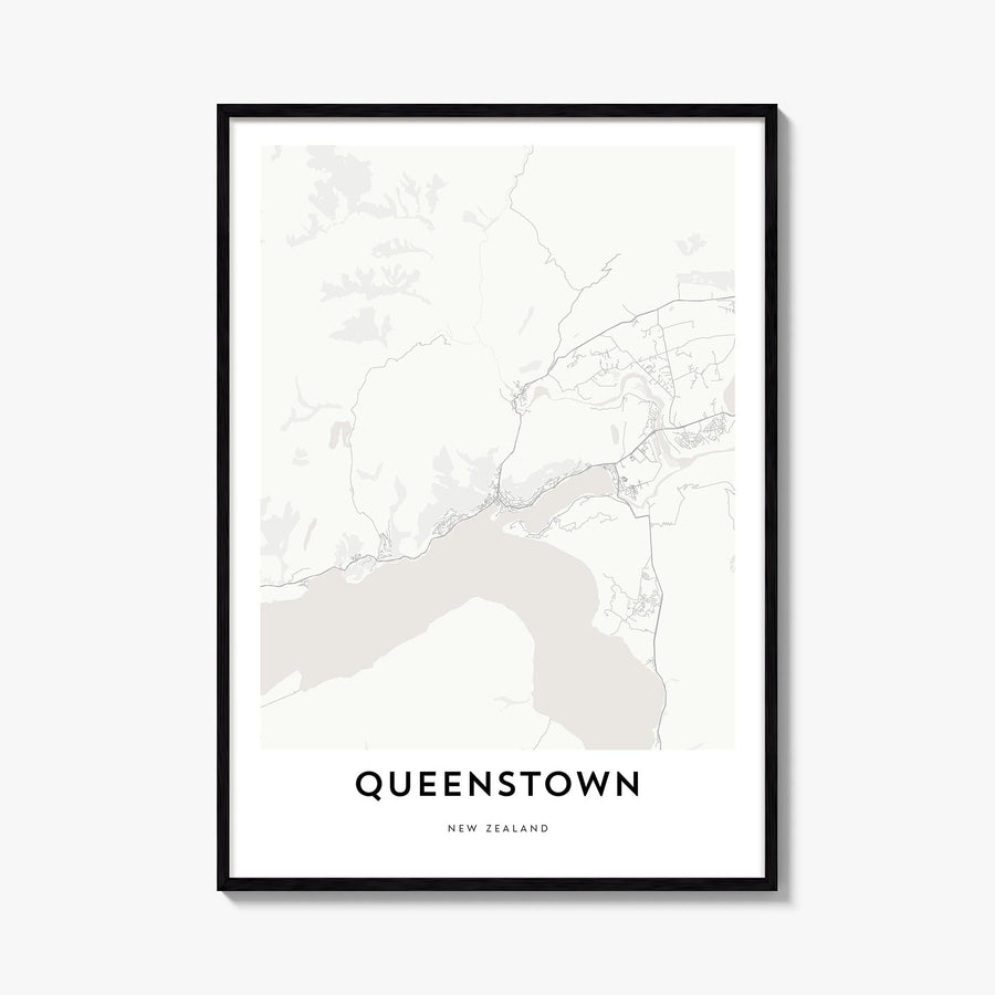 Queenstown black & white map poster of New Zealand – vertical wall art, unframed print shown in interior mockup