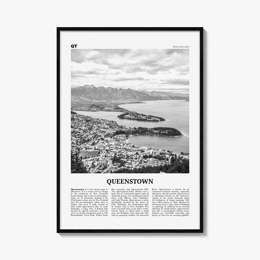 Queenstown black & white newspaper poster of New Zealand – vertical wall art, unframed print shown in interior mockup