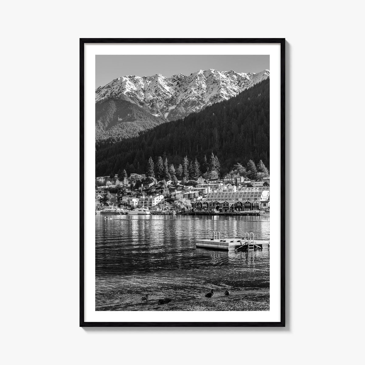 Queenstown black & white photo poster of New Zealand – vertical wall art, unframed print shown in interior mockup