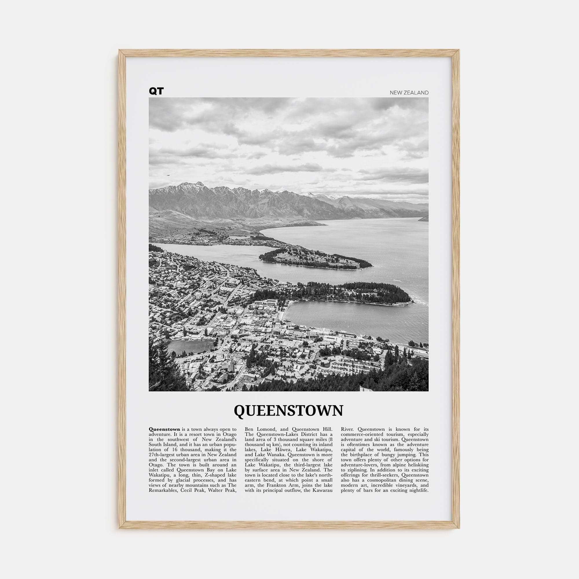 Queenstown Poster Natural Wood / 8x12 in Nbourhood Travel B&W Poster