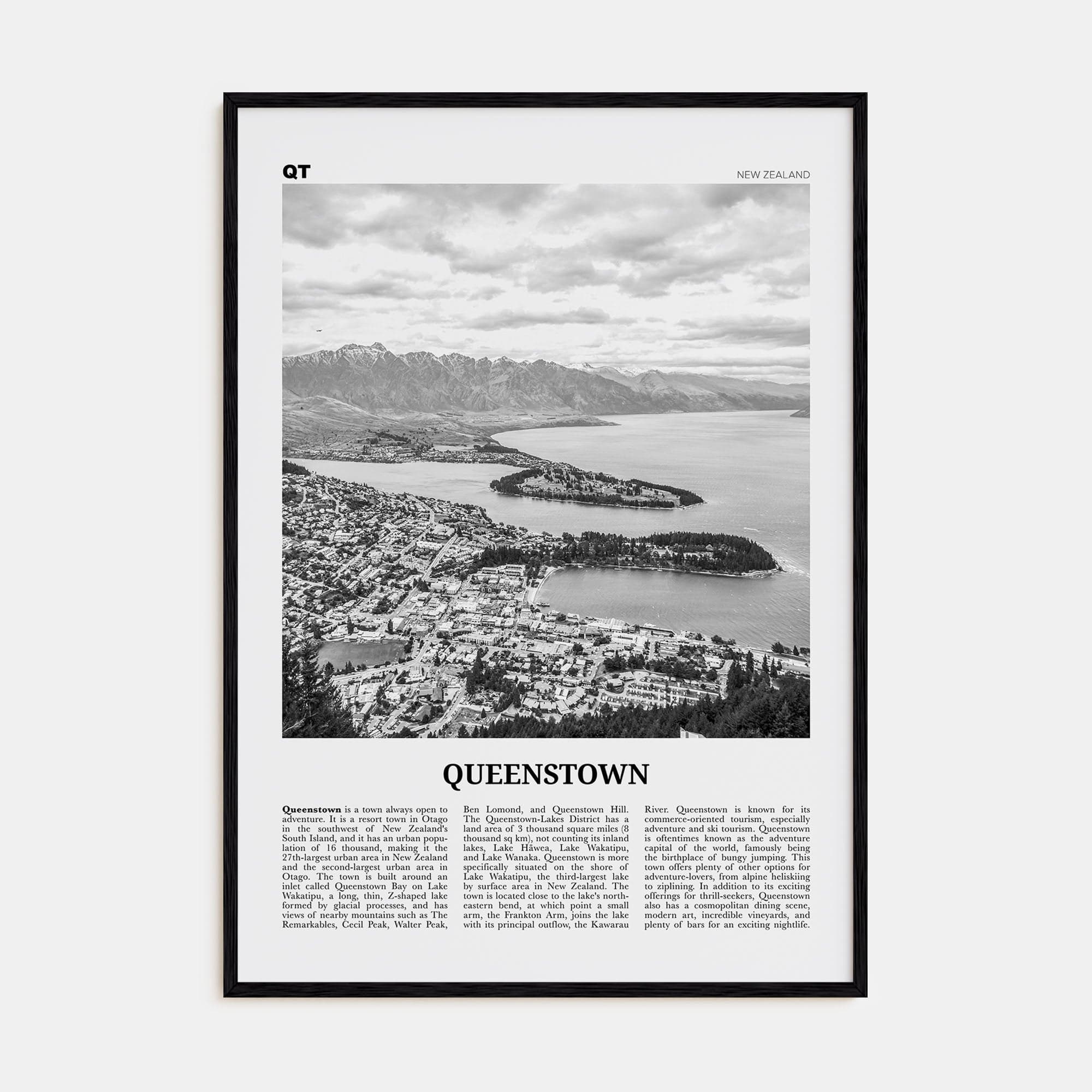 Queenstown Poster Black Wood / 8x12 in Nbourhood Travel B&W Poster