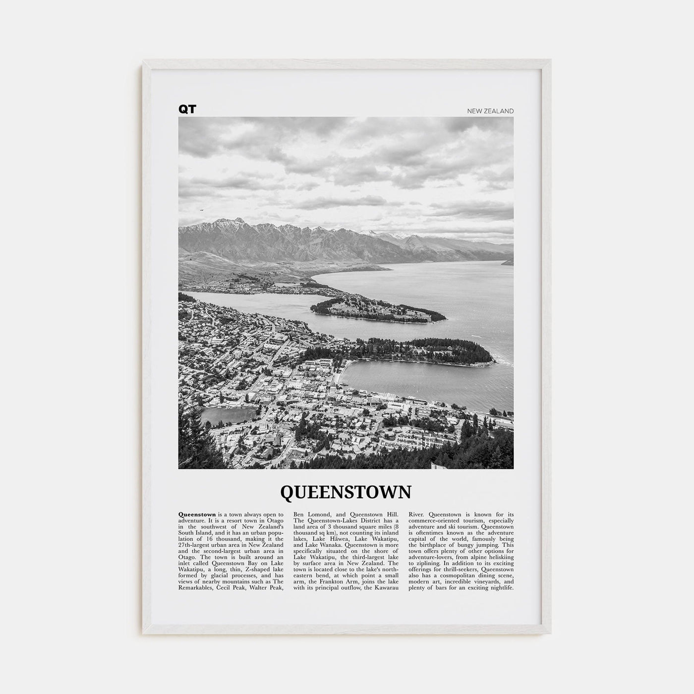 Queenstown Poster White Wood / 8x12 in Nbourhood Travel B&W Poster