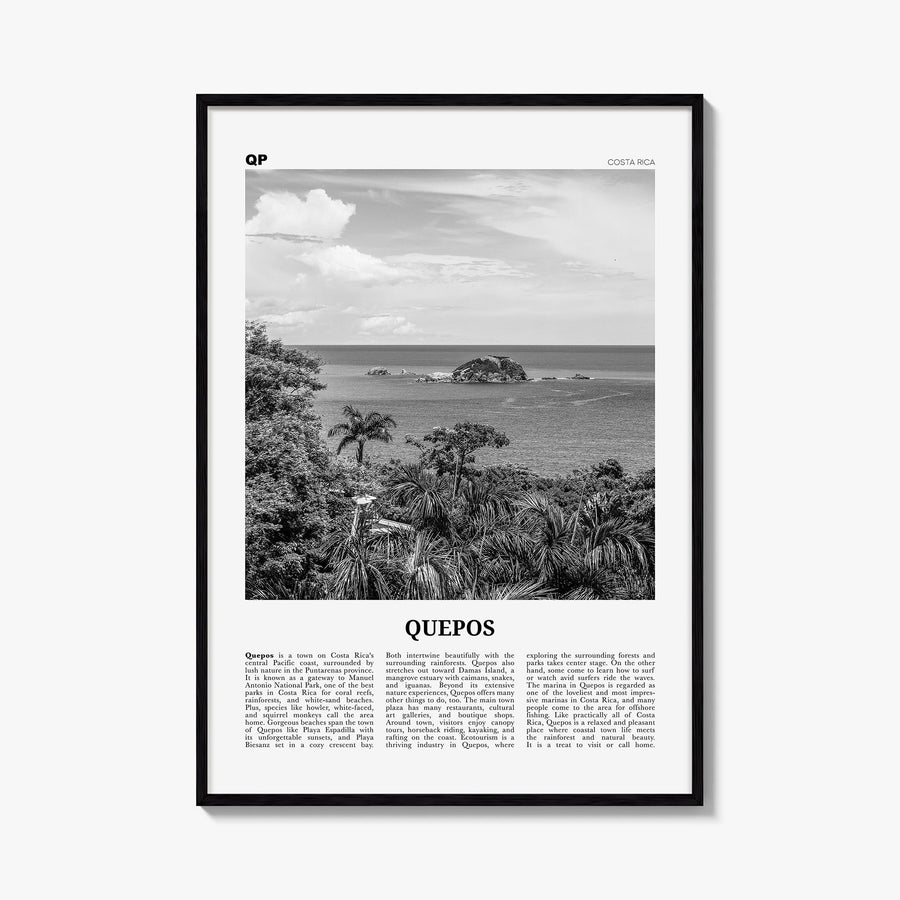 Quepos black & white newspaper poster of Costa Rica – vertical wall art, unframed print shown in interior mockup
