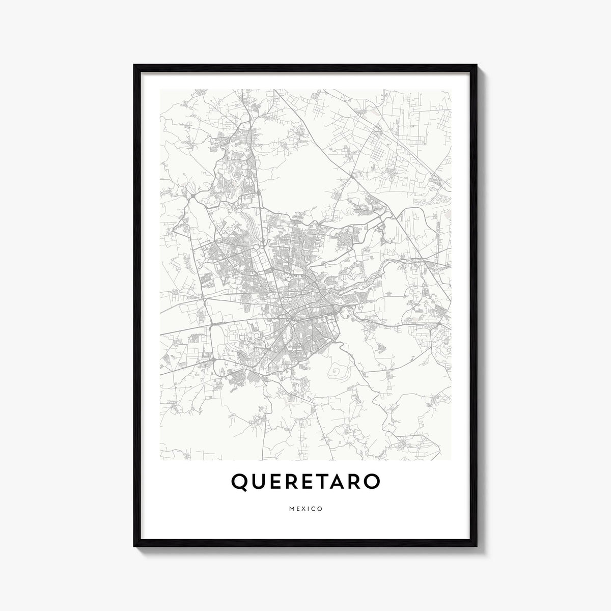 Querétaro black & white map poster of Mexico – vertical wall art, unframed print shown in interior mockup