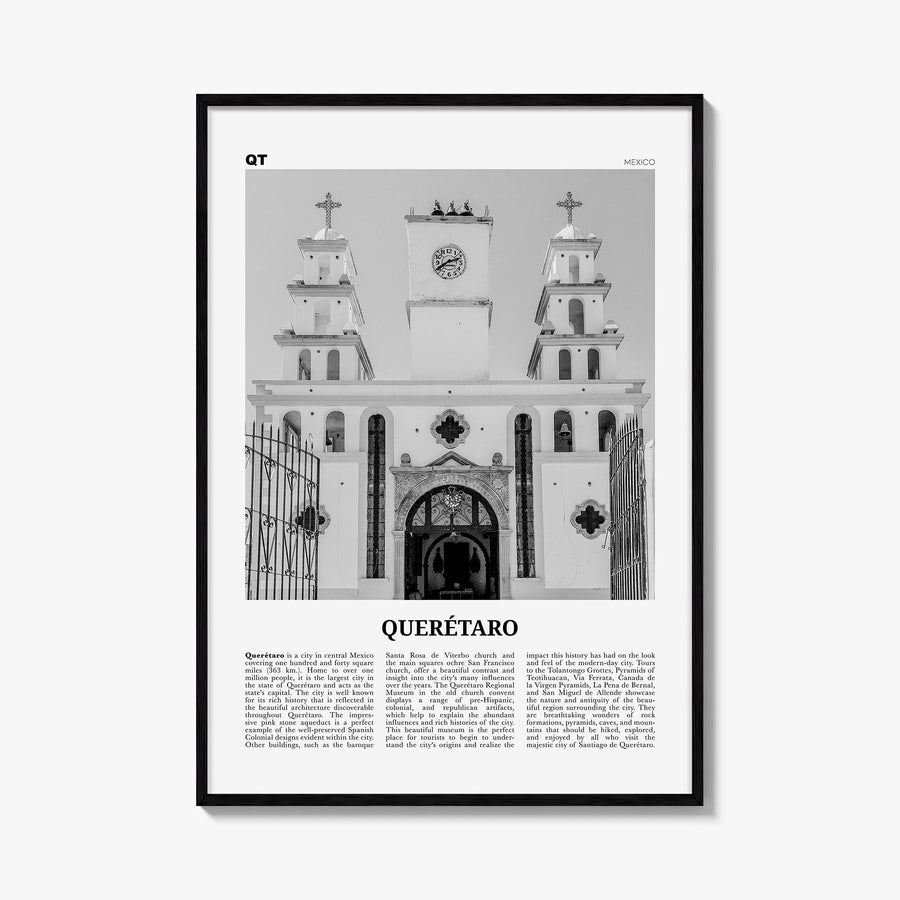 Querétaro black & white newspaper poster of Mexico – vertical wall art, unframed print shown in interior mockup