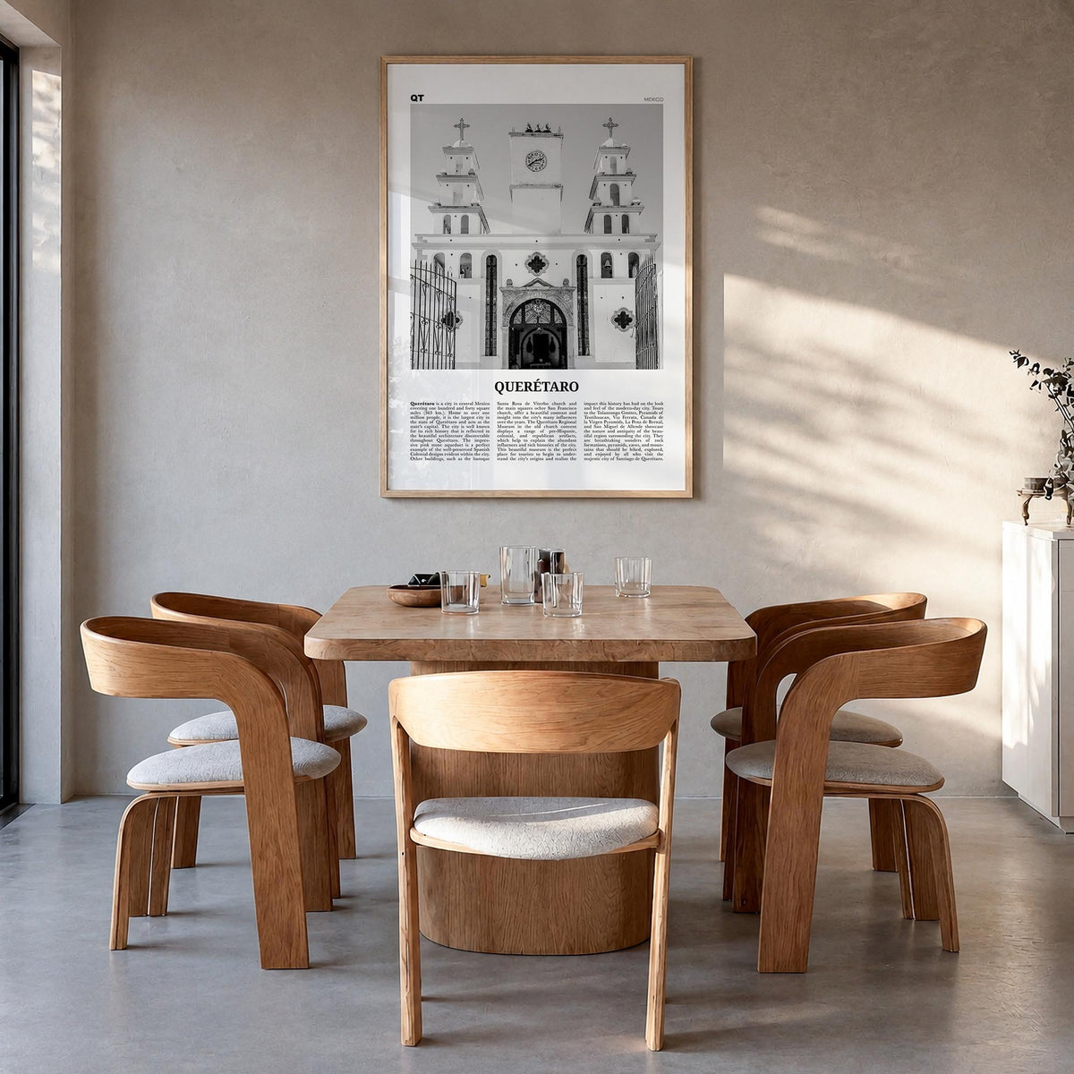 Querétaro black & white newspaper poster of Mexico – vertical wall art in natural wood frame, hanging on wall