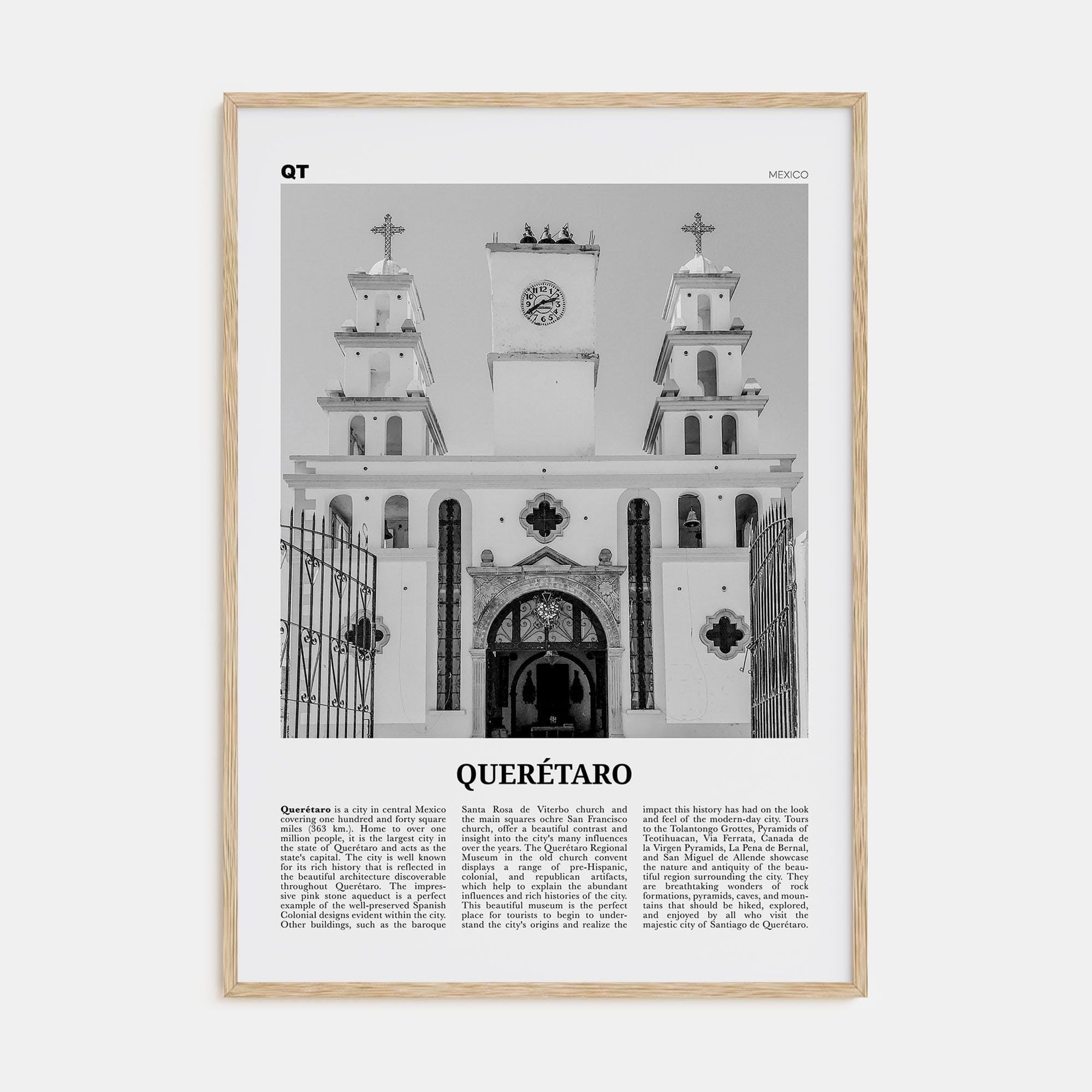 Querétaro Poster Natural Wood / 8x12 in Nbourhood Travel B&W Poster
