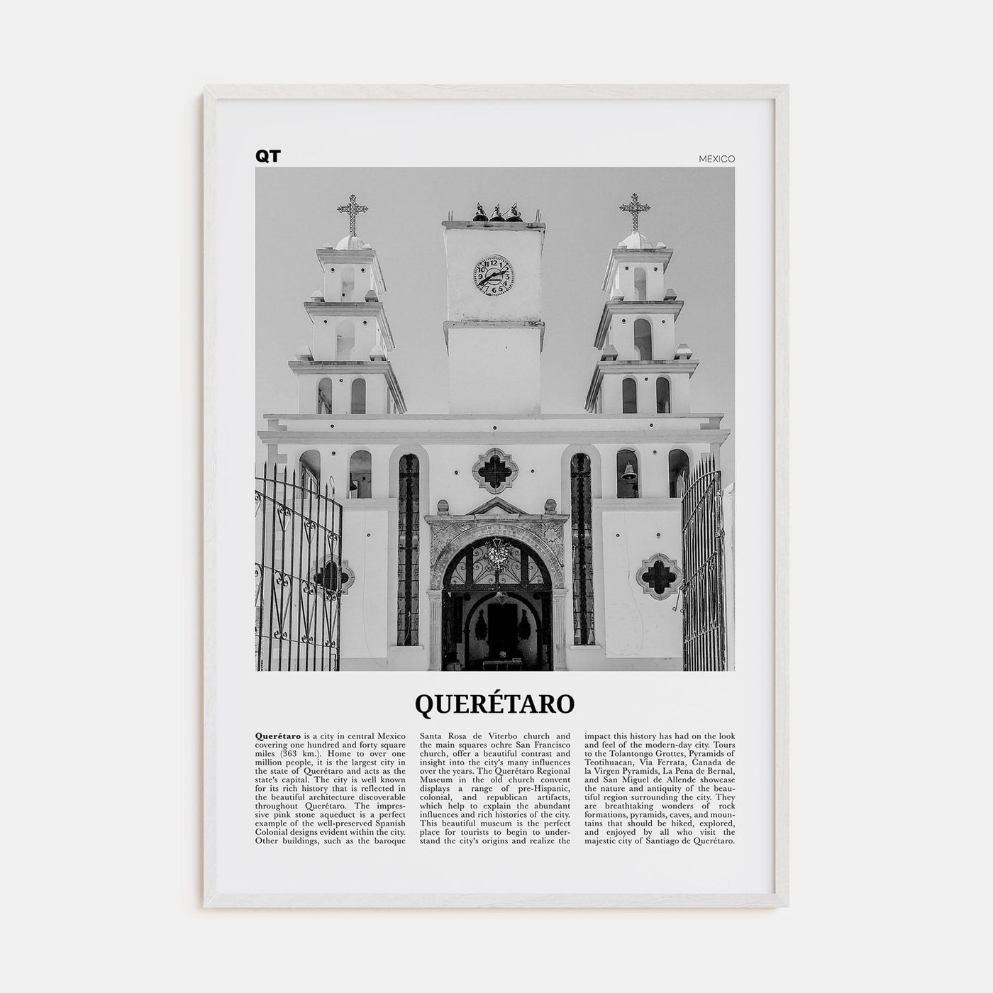 Querétaro Poster White Wood / 8x12 in Nbourhood Travel B&W Poster