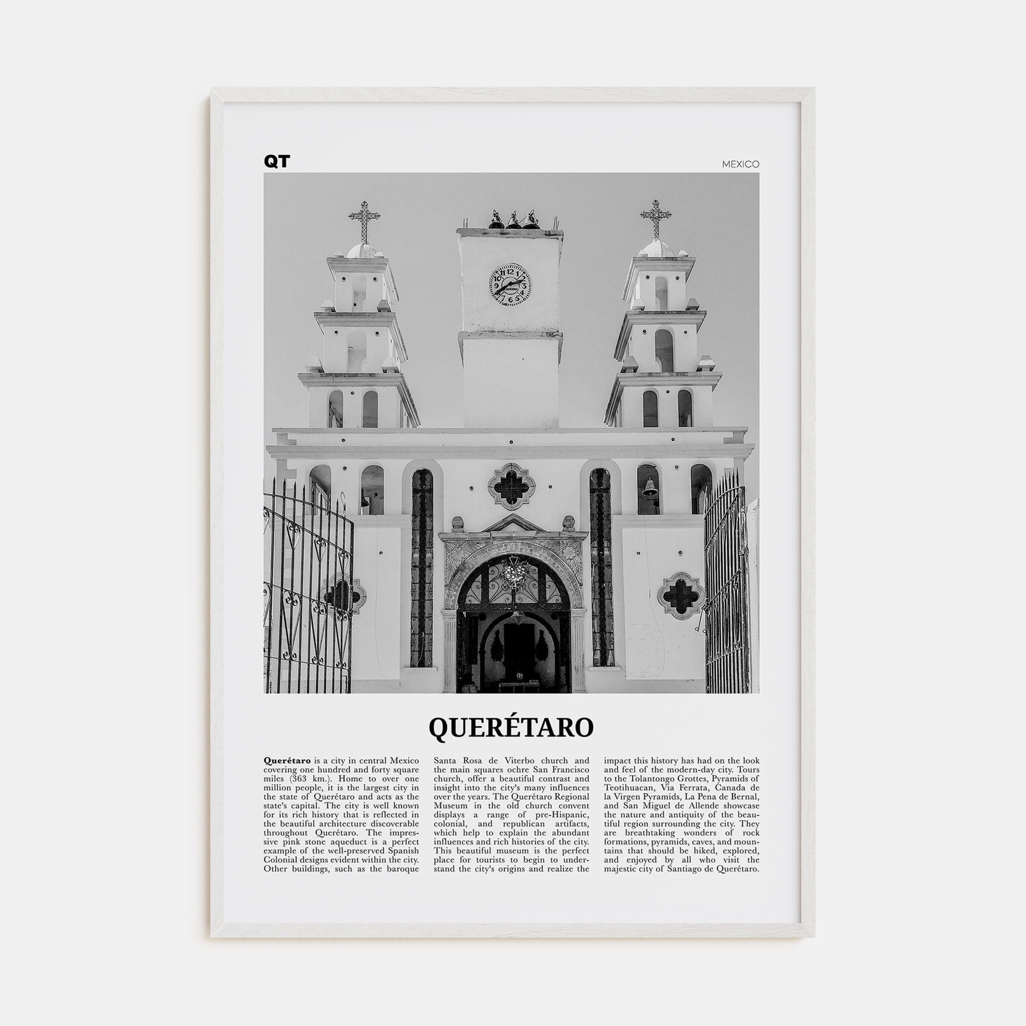 Querétaro Poster White Wood / 8x12 in Nbourhood Travel B&W Poster