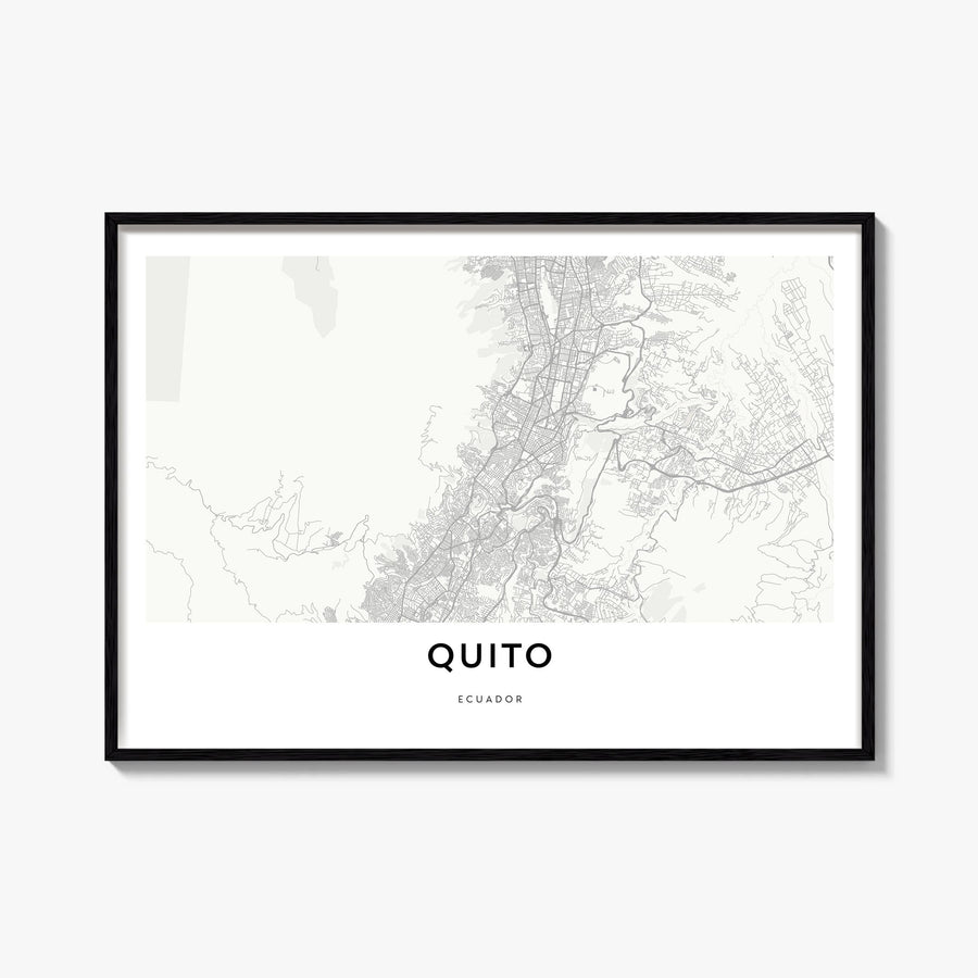 Quito black & white map poster of Ecuador – horizontal wall art, unframed print shown in interior mockup