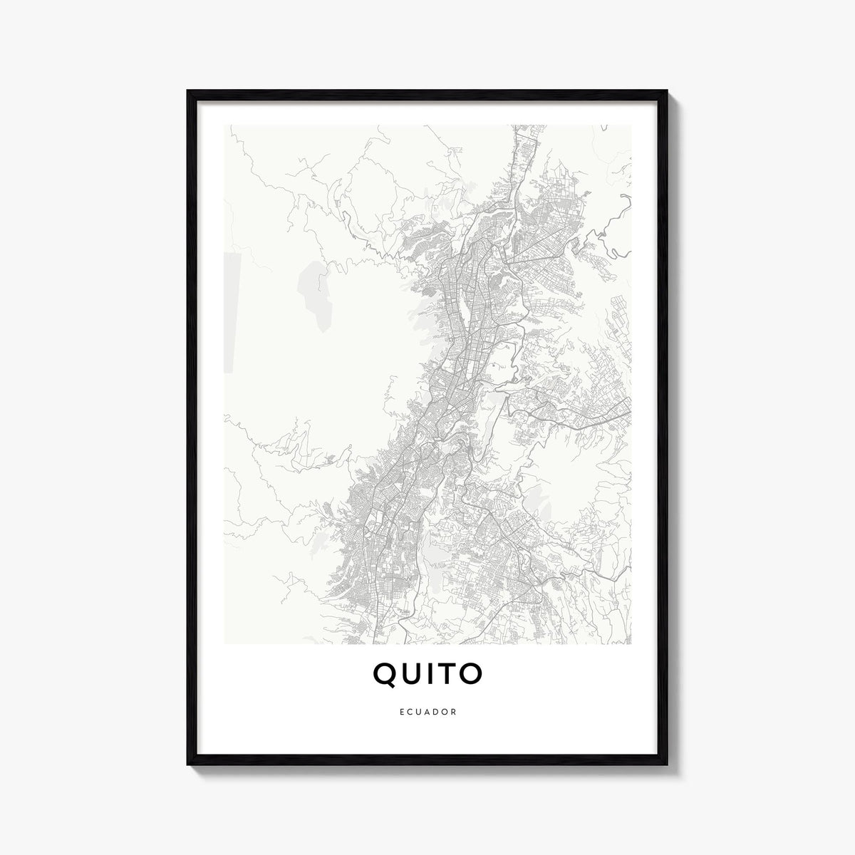 Quito black & white map poster of Ecuador – vertical wall art, unframed print shown in interior mockup