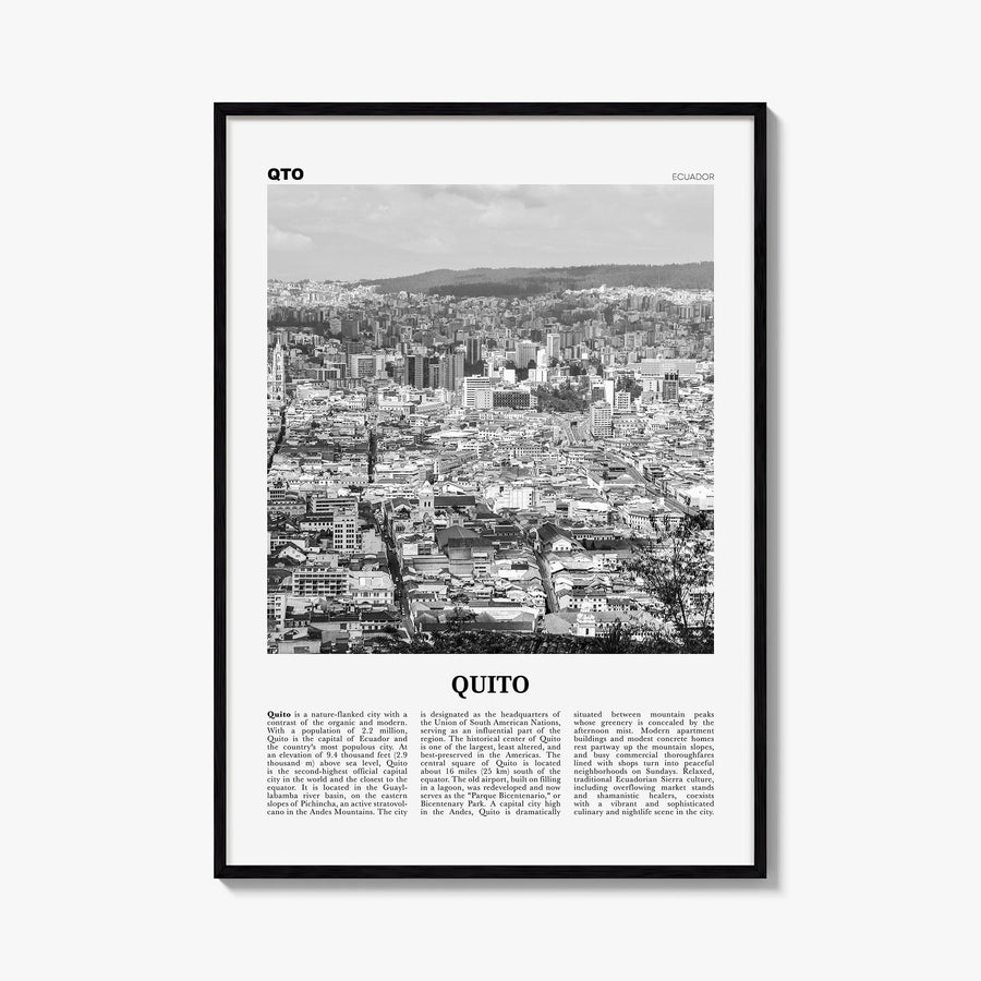 Quito black & white newspaper poster of Ecuador – vertical wall art, unframed print shown in interior mockup