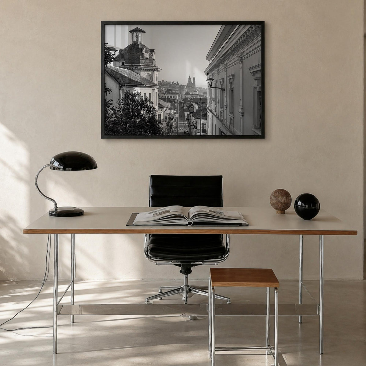 Quito black & white photo poster of Ecuador – horizontal wall art in black wood frame, hanging on wall