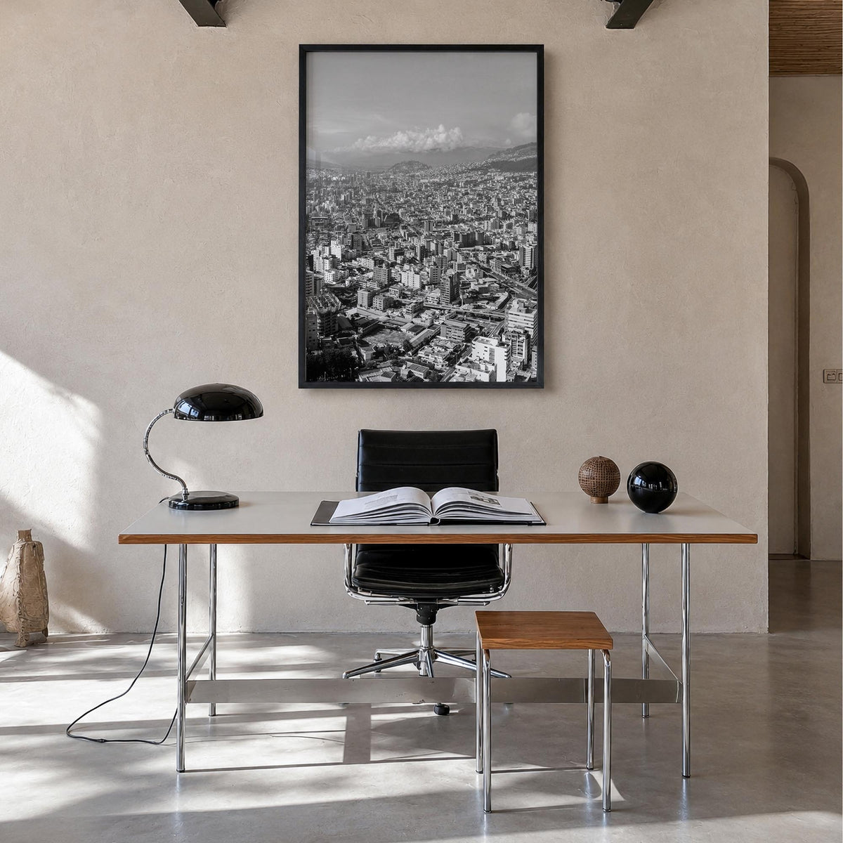 Quito black & white photo poster of Ecuador – vertical wall art in black wood frame, hanging on wall