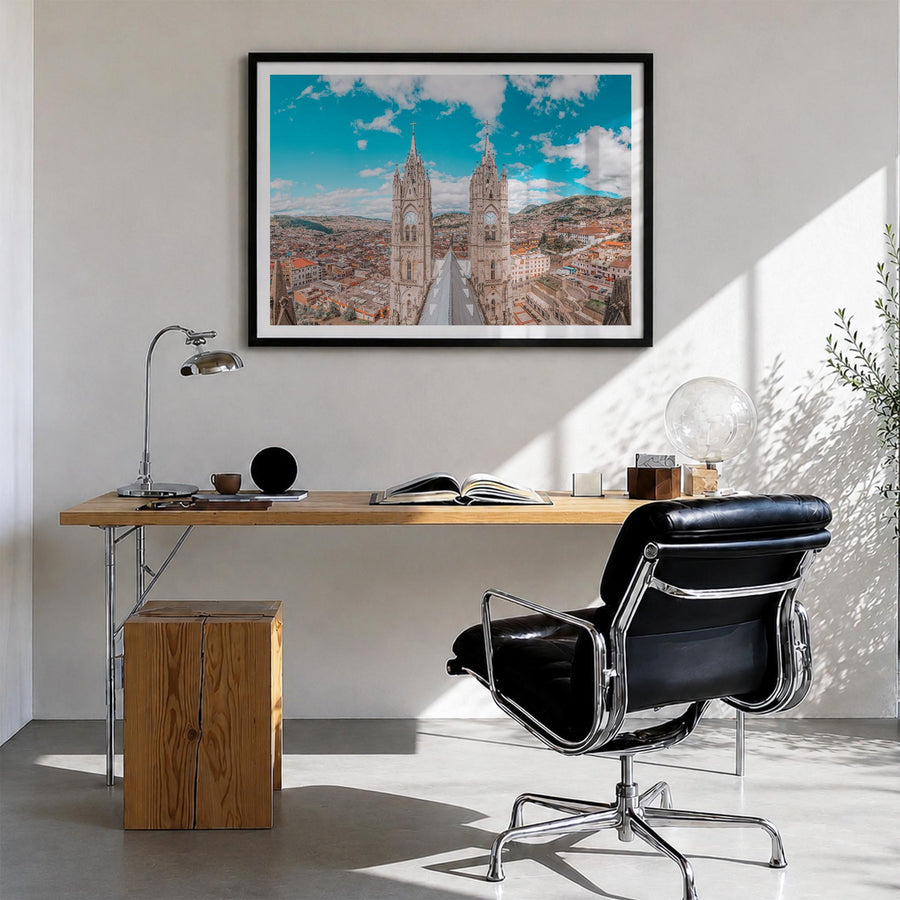 Quito colorful photo poster of Ecuador – horizontal wall art in black wood frame with white border, hanging on wall