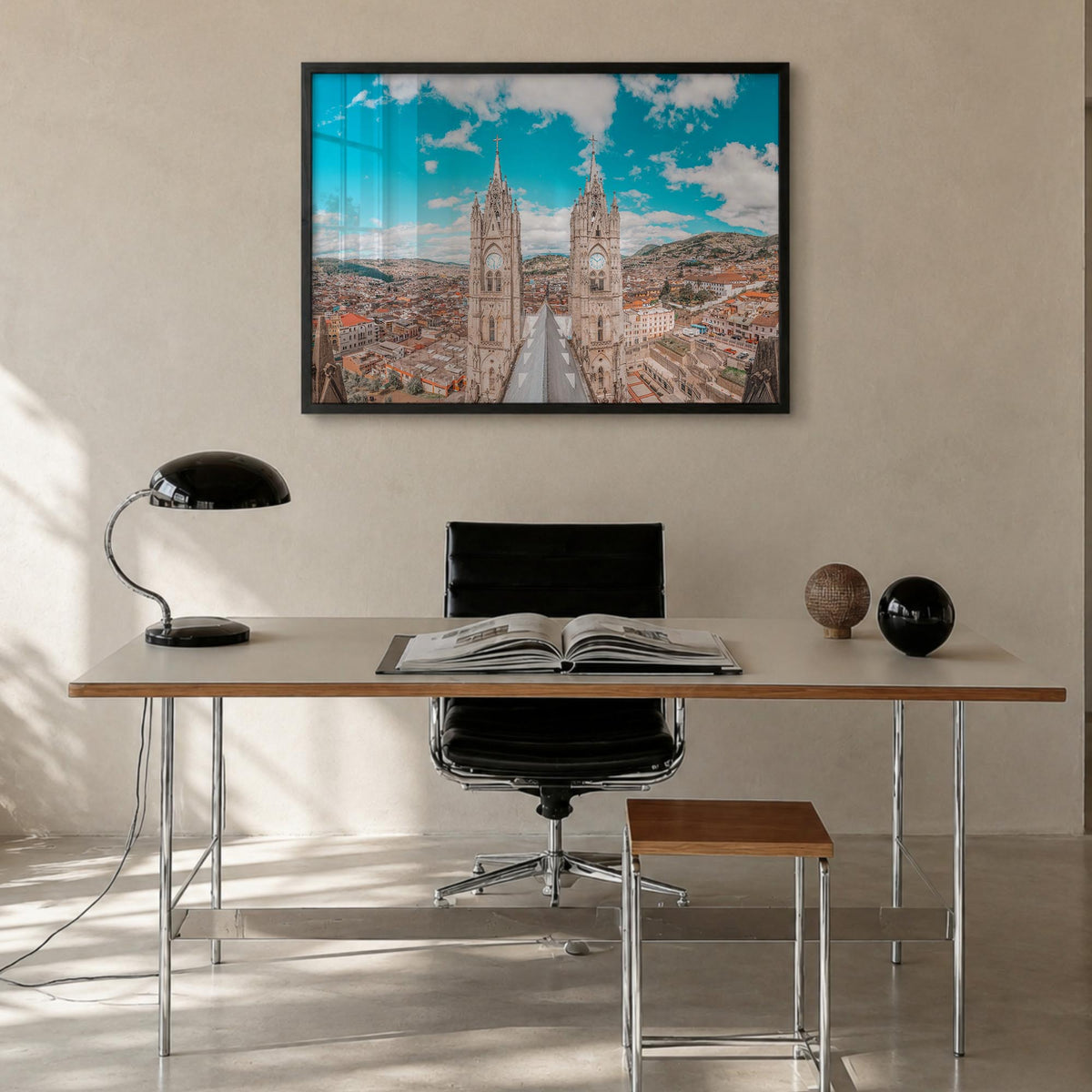 Quito colorful photo poster of Ecuador – horizontal wall art in black wood frame, hanging on wall