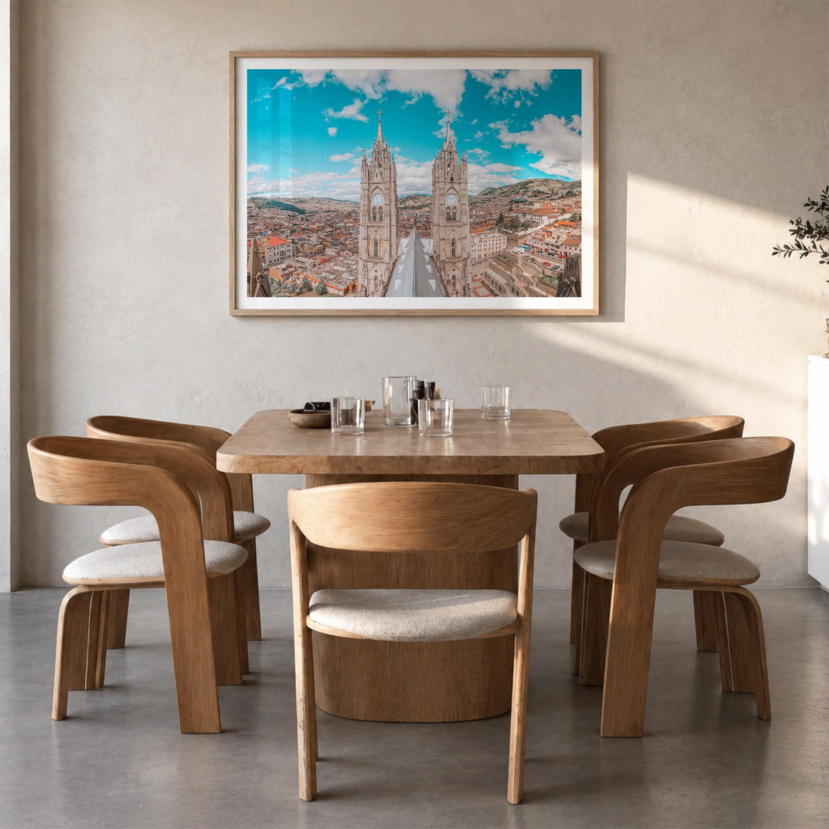 Quito colorful photo poster of Ecuador – horizontal wall art in natural wood frame with white border, hanging on wall