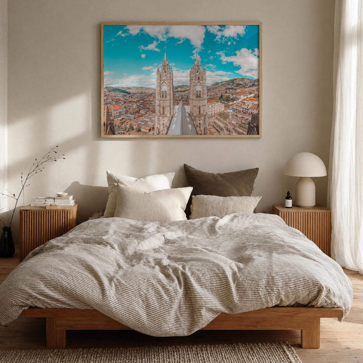 Quito colorful photo poster of Ecuador – horizontal wall art in natural wood frame, hanging on wall
