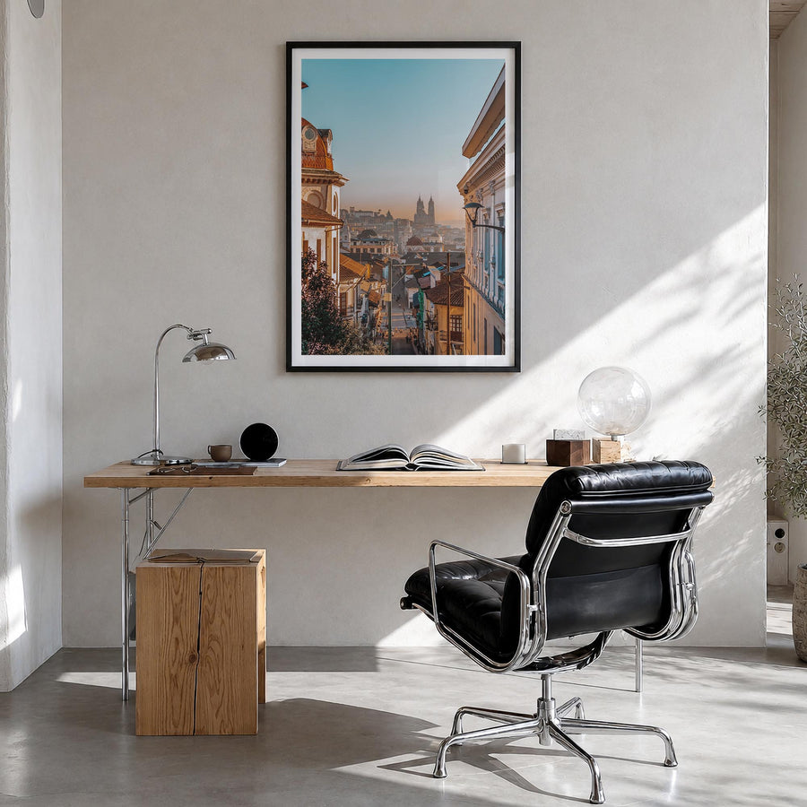 Quito no. 1 colorful photo poster of Ecuador – vertical wall art in black wood frame with white border, hanging on wall