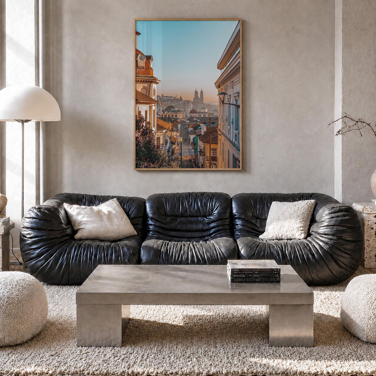 Quito no. 1 colorful photo poster of Ecuador – vertical wall art in natural wood frame, hanging on wall