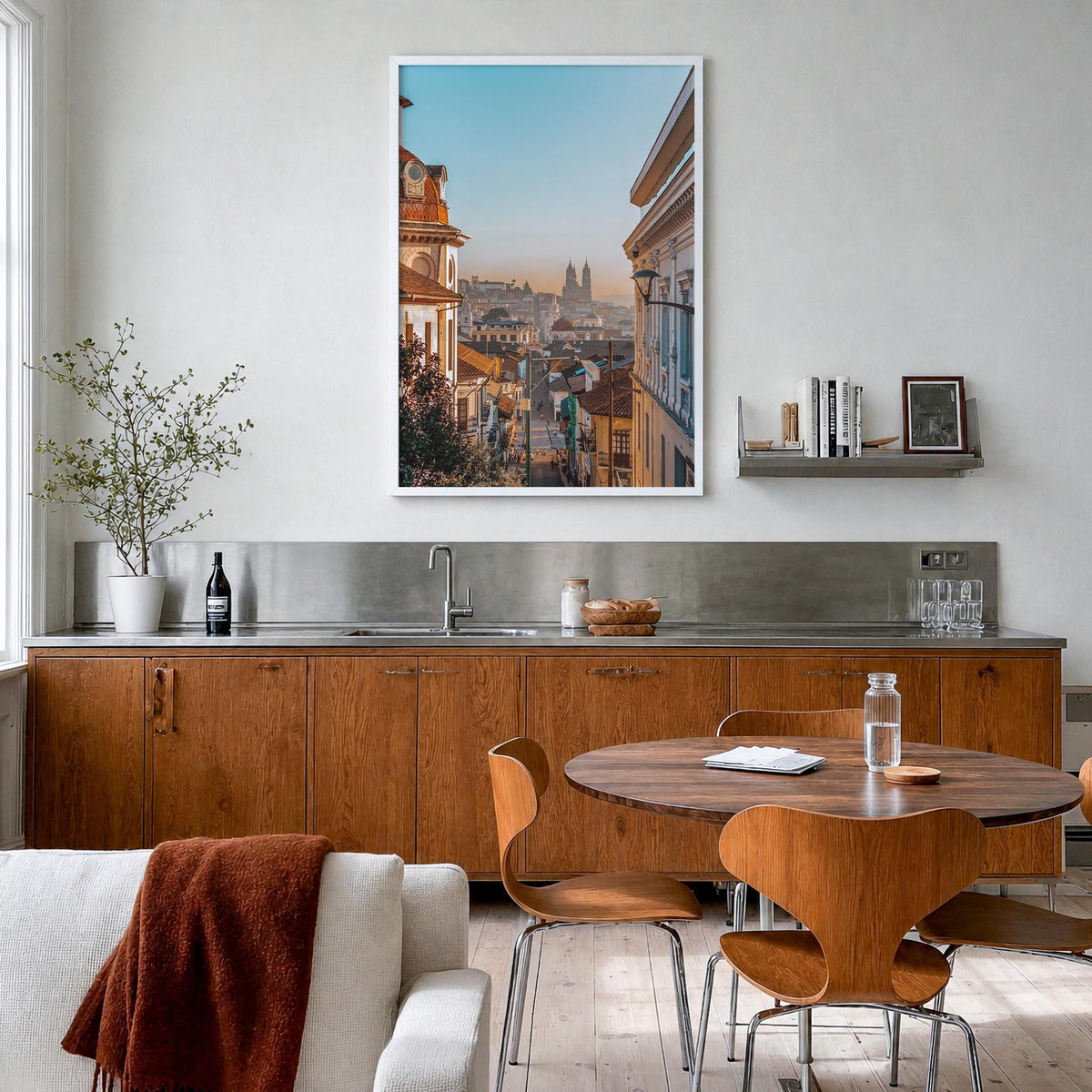 Quito no. 1 colorful photo poster of Ecuador – vertical wall art in white wood frame, hanging on wall