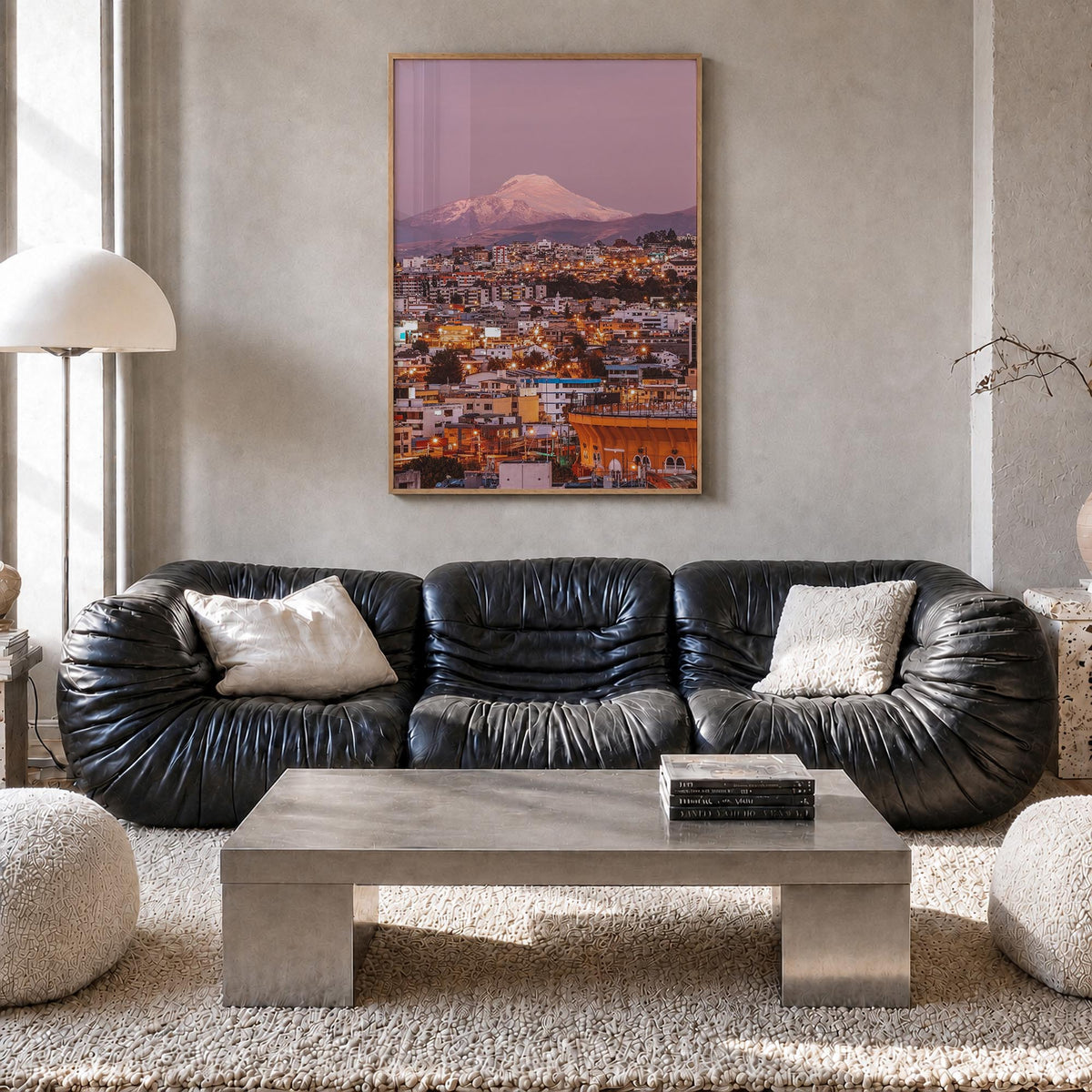 Quito no. 2 colorful photo poster of Ecuador – vertical wall art in natural wood frame, hanging on wall