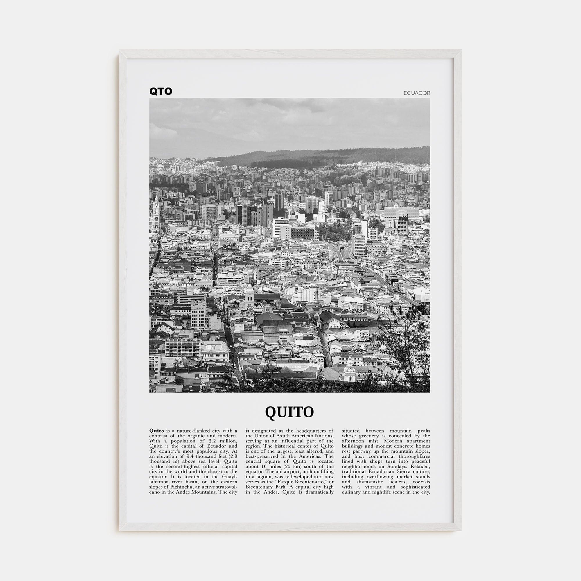 Quito Poster White Wood / 8x12 in Nbourhood Travel B&W Poster