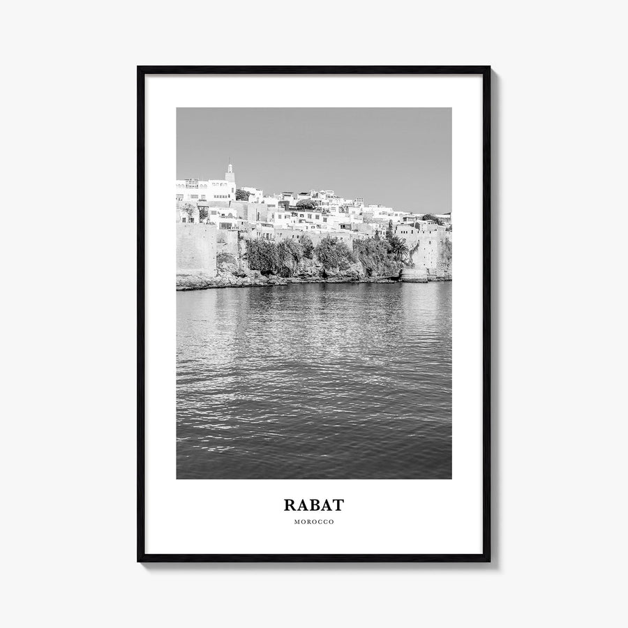 Rabat black & white classic poster of Morocco – vertical wall art, unframed print shown in interior mockup