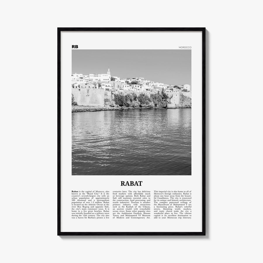 Rabat black & white newspaper poster of Morocco – vertical wall art, unframed print shown in interior mockup