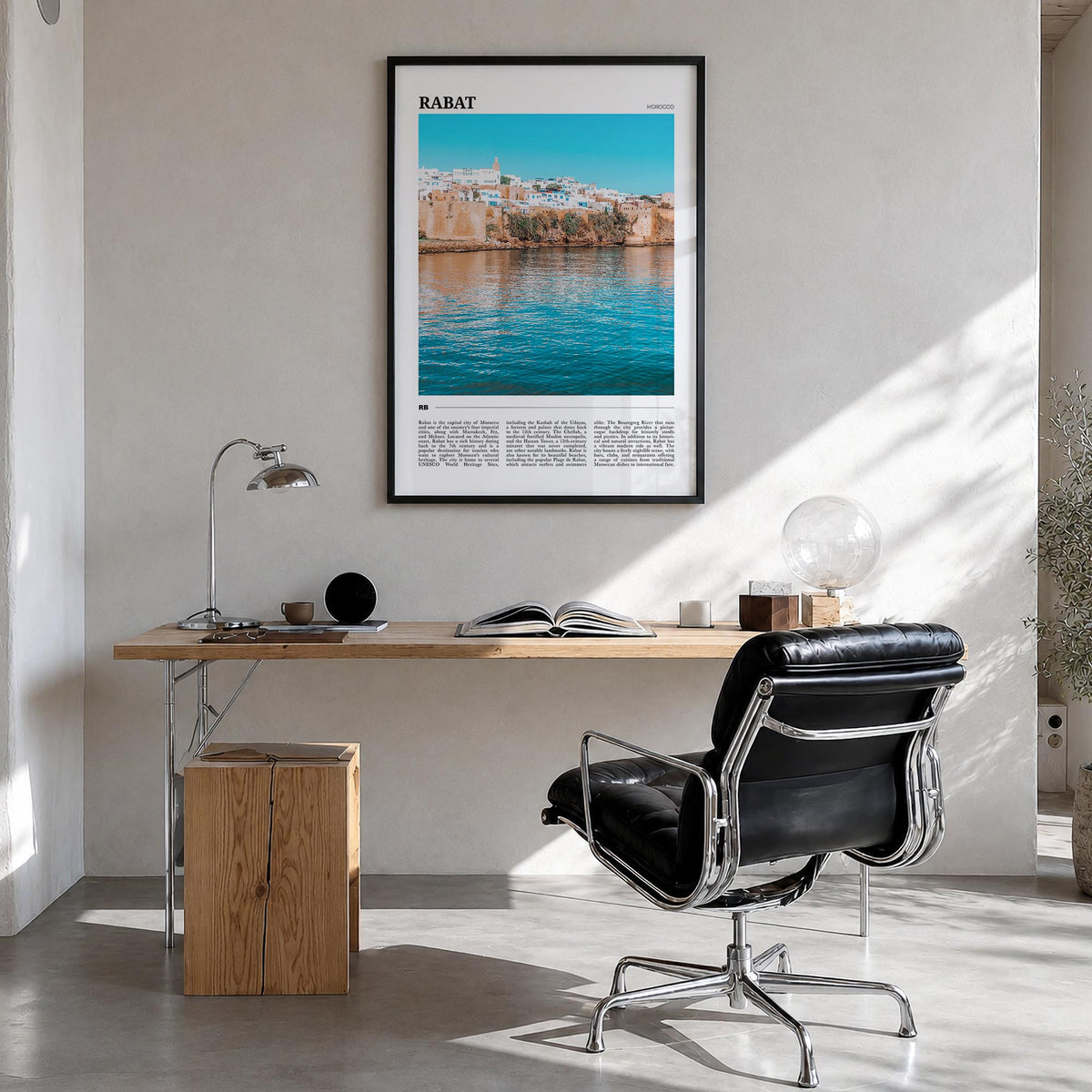 Rabat colorful travel poster of Morocco – vertical wall art in black wood frame, hanging on wall