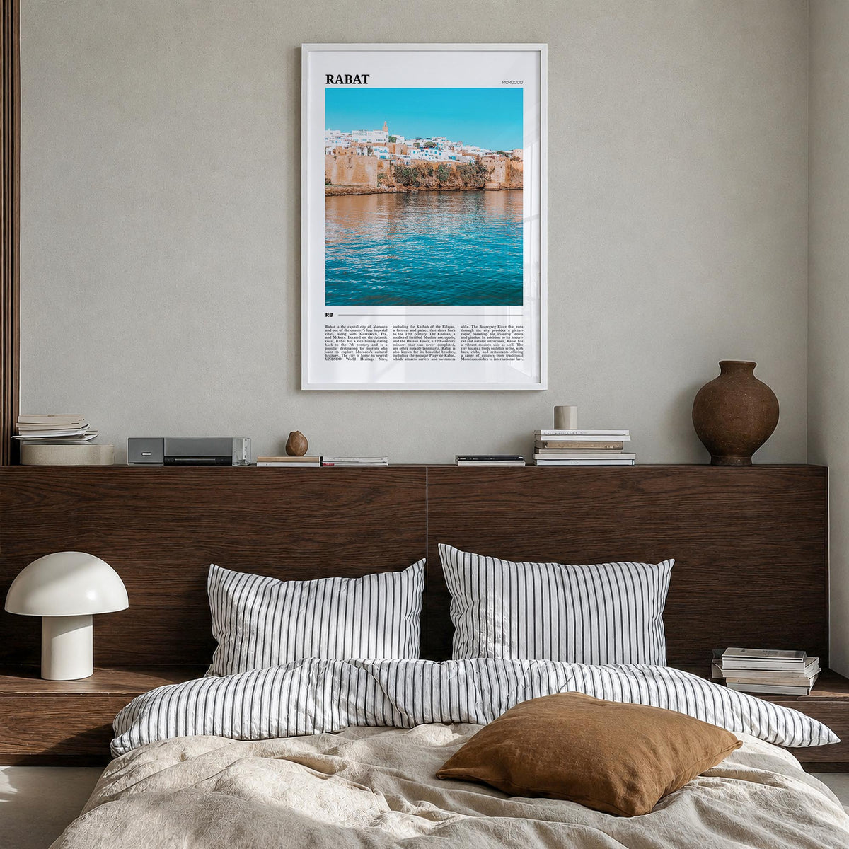 Rabat colorful travel poster of Morocco – vertical wall art in white wood frame, hanging on wall