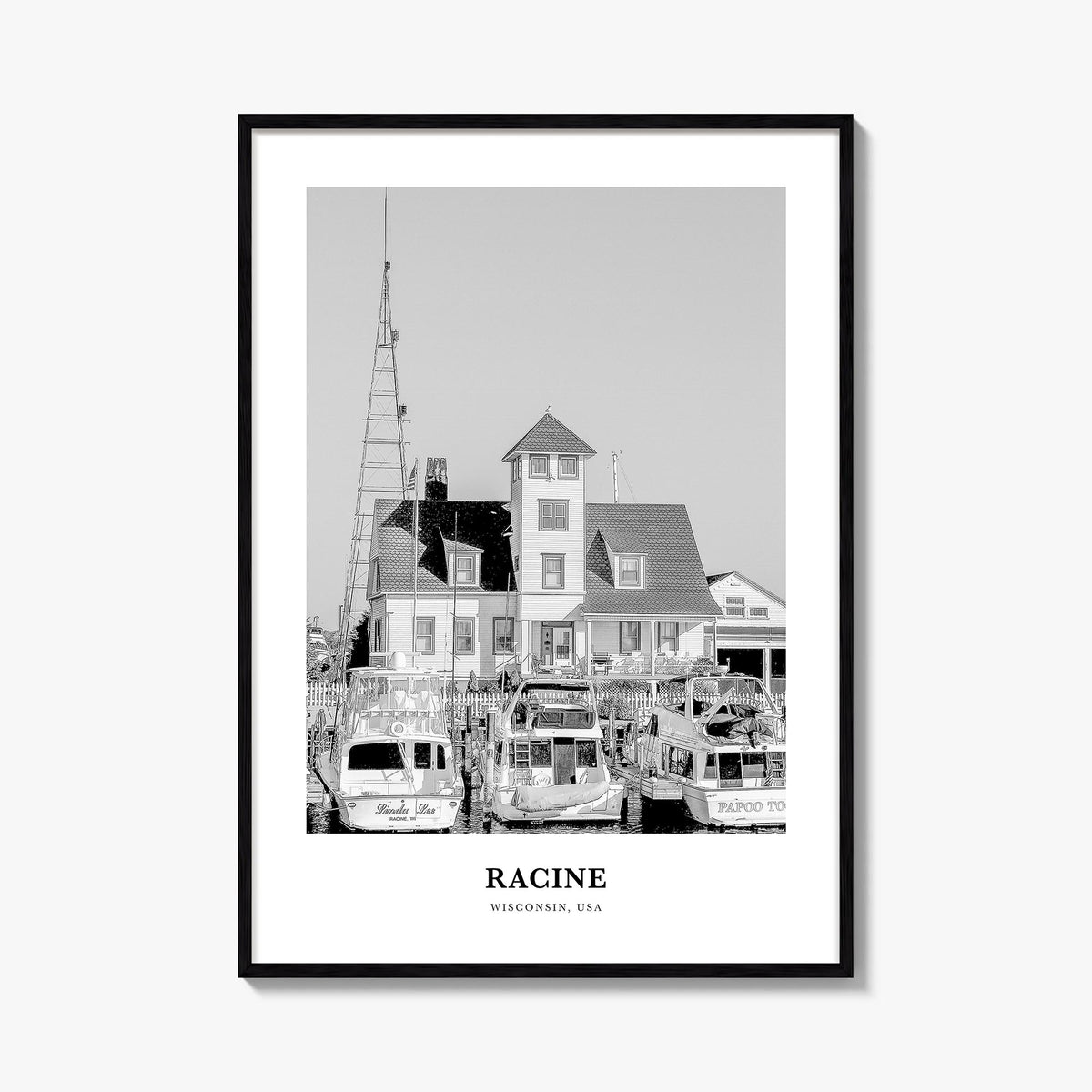 Racine black & white classic poster of Wisconsin, USA – vertical wall art, unframed print shown in interior mockup