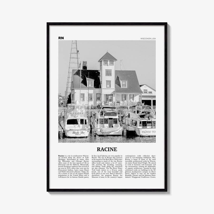 Racine black & white newspaper poster of Wisconsin, USA – vertical wall art, unframed print shown in interior mockup