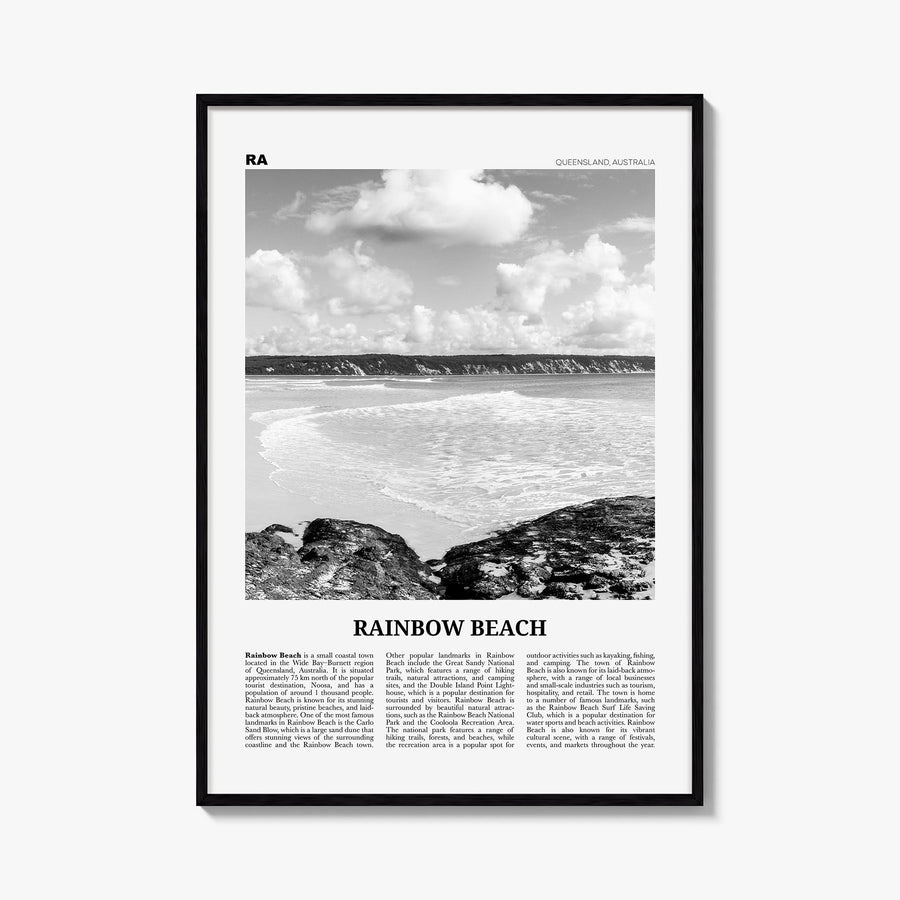 Rainbow Beach black & white newspaper poster of Australia – vertical wall art, unframed print shown in interior mockup