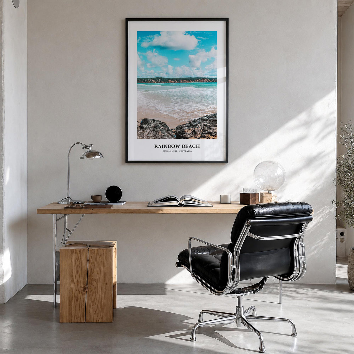 Rainbow Beach colorful classic poster of Australia – vertical wall art in black wood frame, hanging on wall