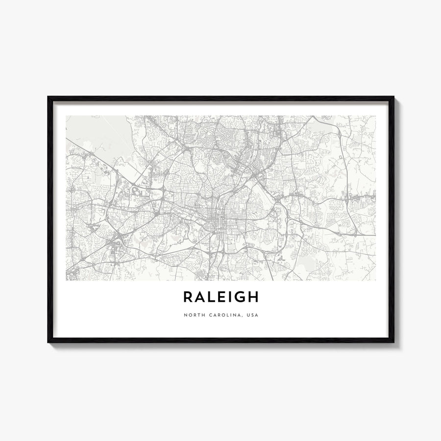 Raleigh black & white map poster of North Carolina, USA – horizontal wall art, unframed print shown in interior mockup