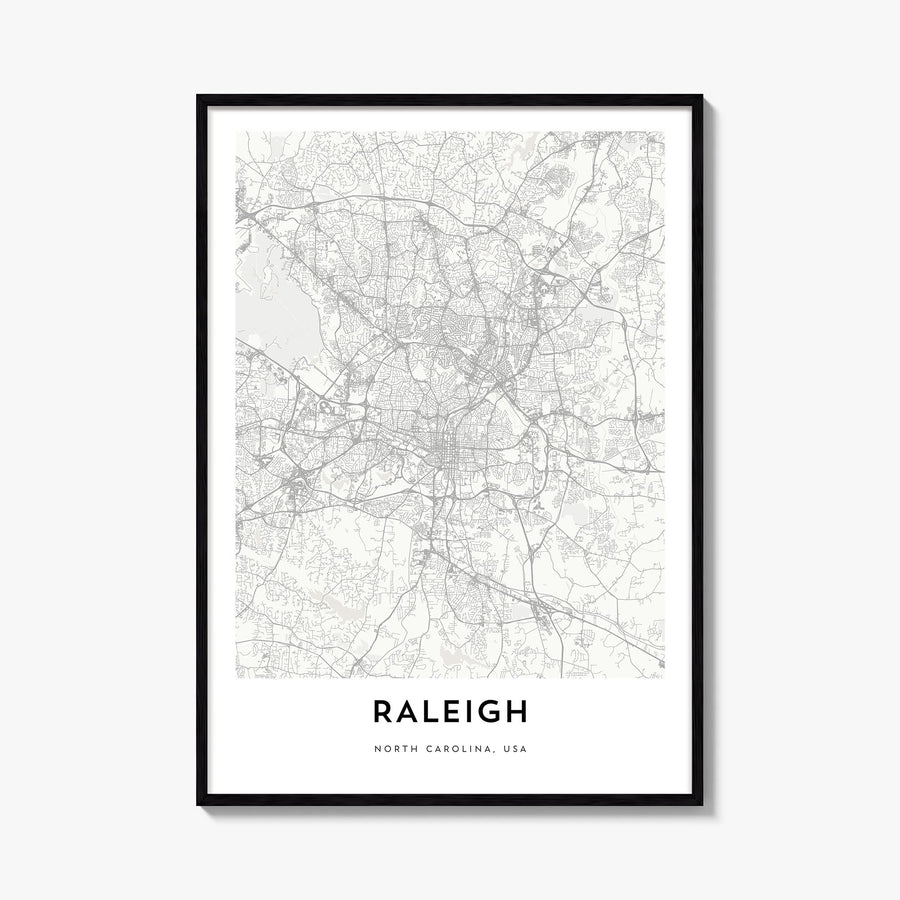 Raleigh black & white map poster of North Carolina, USA – vertical wall art, unframed print shown in interior mockup