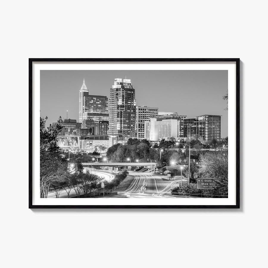 Raleigh black & white photo poster of North Carolina, USA – horizontal wall art, unframed print shown in interior mockup