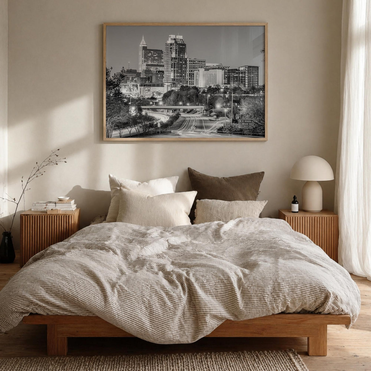 Raleigh black & white photo poster of North Carolina, USA – horizontal wall art in natural wood frame, hanging on wall