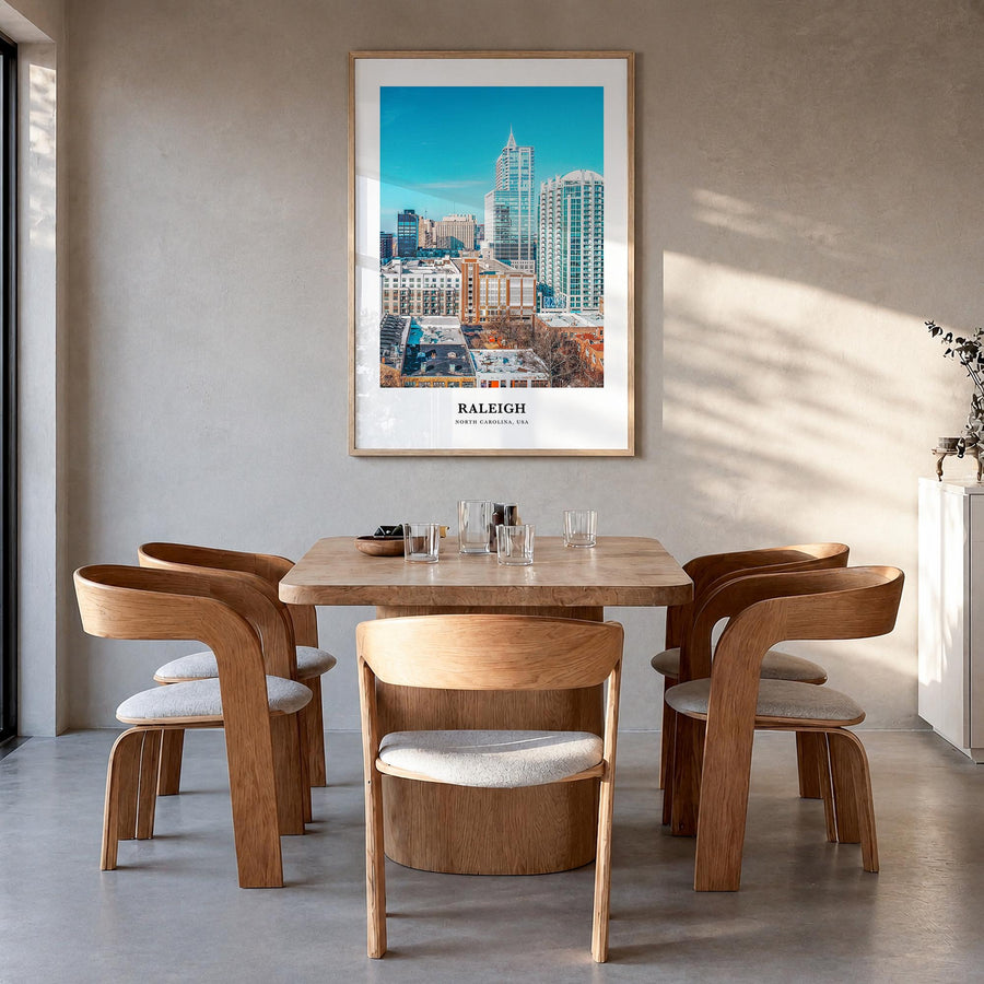 Raleigh colorful classic poster of North Carolina, USA – vertical wall art in natural wood frame, hanging on wall