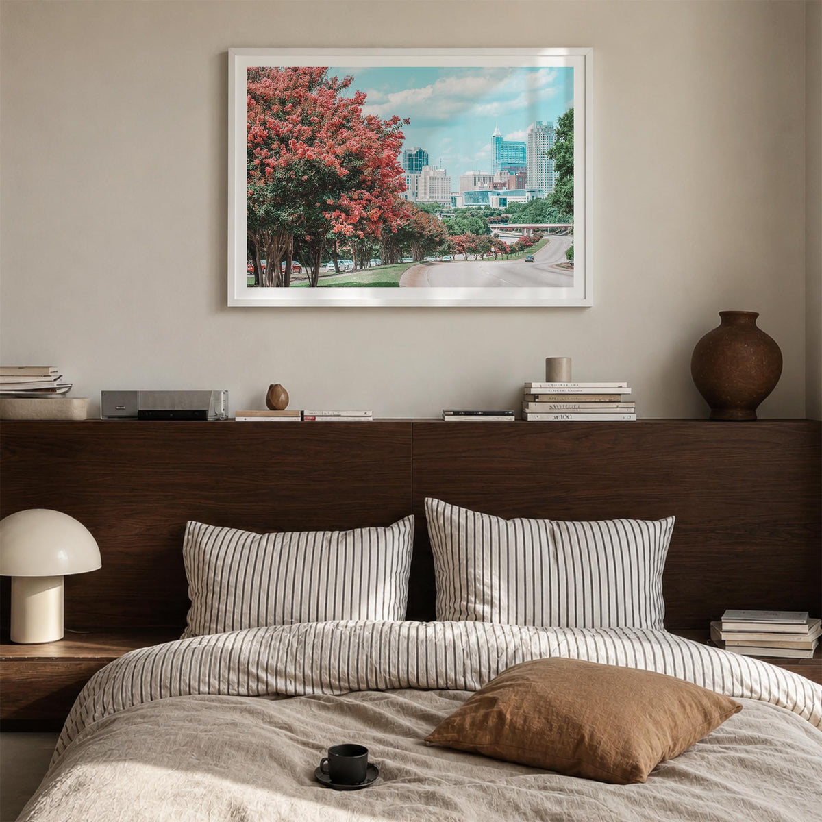 Raleigh colorful photo poster of North Carolina, USA – horizontal wall art in white wood frame with white border, hanging on 